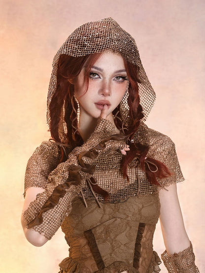 Sand Brown Mesh Fabric Wasteland Punk Hood