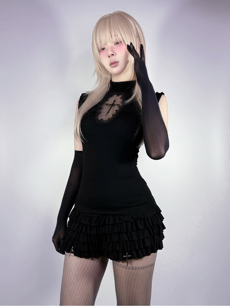 Black Elastic Waist Cross Charms Tiered Ruffles Skort