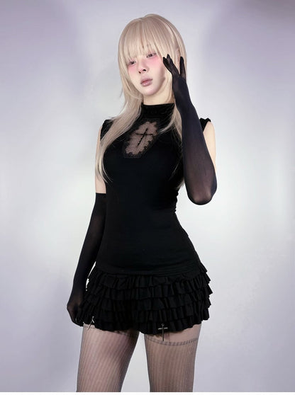 Black Elastic Waist Cross Charms Tiered Ruffles Skort