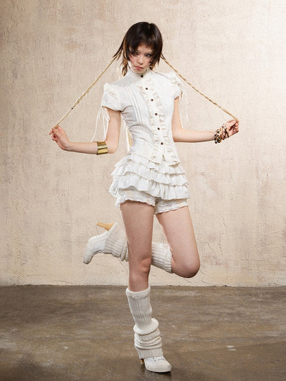 Y2K Gyaru Fashion White Short Puff Sleeve Leopard Print Punk Top with Ruffle Trim & Back Crisscross Tie