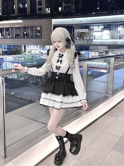 Jirai Kei Black Bowknots White Peter Pan Collar Lace Trim Blouse