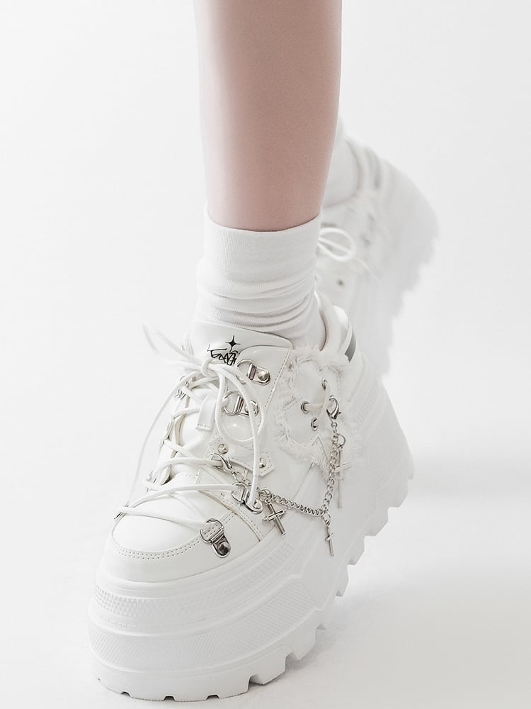 White Punk Front Lace-up Ties Design Platform Shoes With Detachable Cross Charm Chain