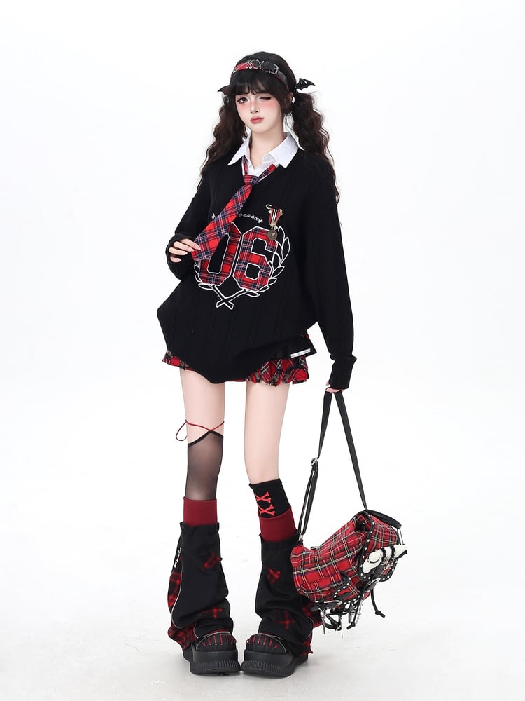 Y2K Style Plaid Leg Warmers in Black & White / Red & Black Colorblock with Star Appliques