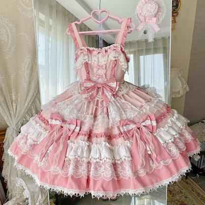 Pink Detachable Bows and Bead Details Sweet Tiered Skirt Lolita Dress