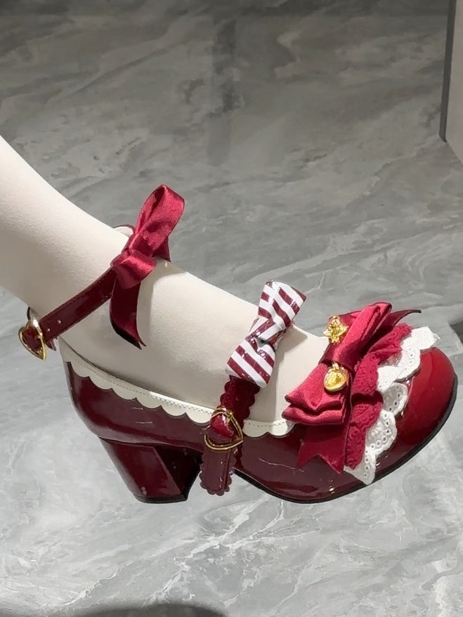 Wine Red Spoon Decorated Bowknot Details Sweet Lolita High Block Heels