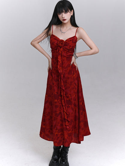 Red Sweetheart Neckline Cascading Ruffle Floral Cami Dress