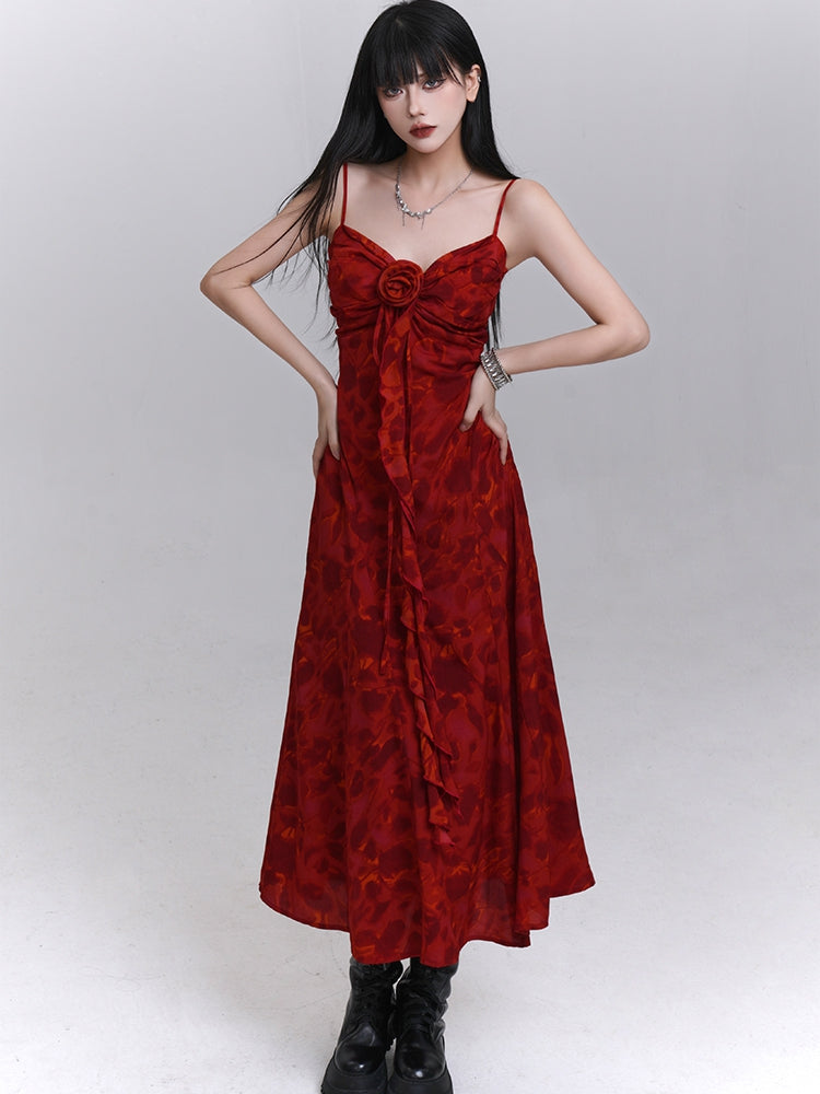Red Sweetheart Neckline Cascading Ruffle Floral Cami Dress