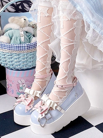 Punk Crosses and Chains Light Blue Bow Accents Platforms Buckle Ankle Strap