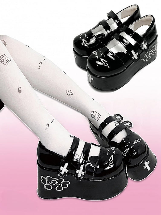 Crying Kitty and Cross Embroidery Black Velcro Straps Platforms