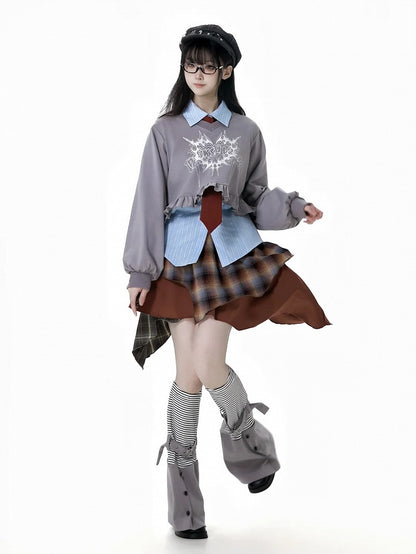 Gray Striped Pattern Buckle Strap Leg Warmers