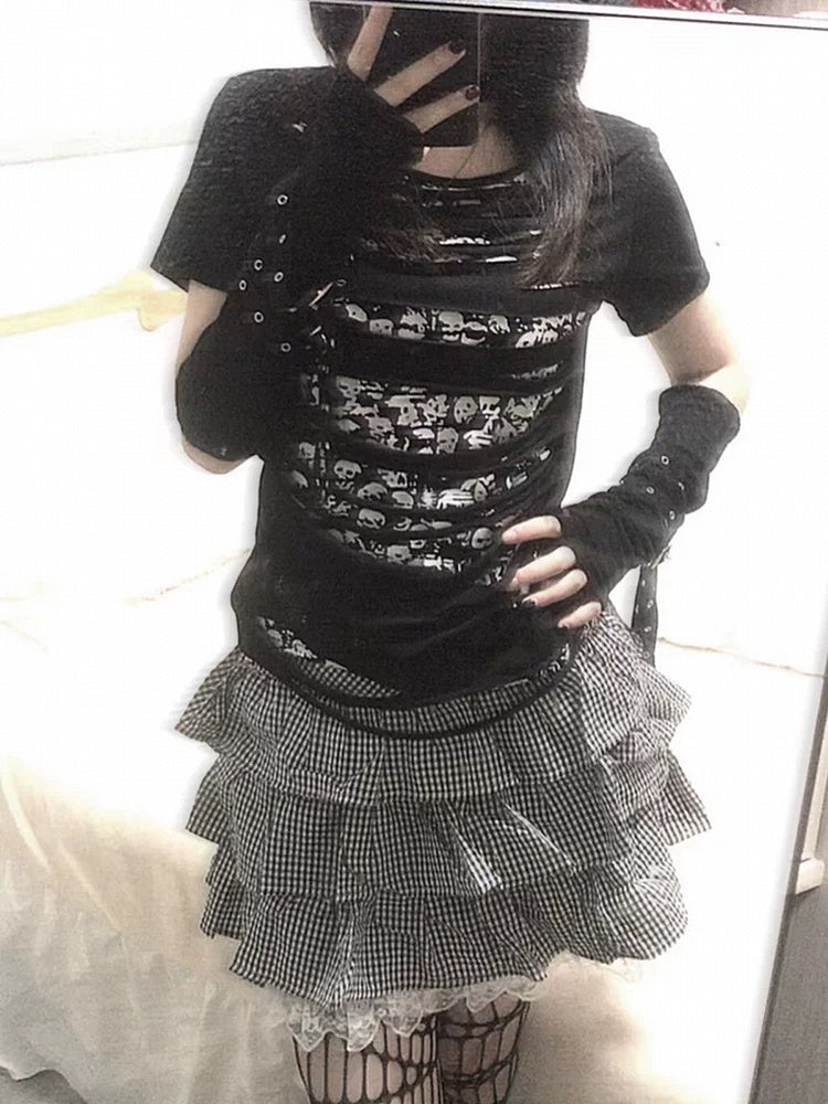 Black Skeleton Print Hollowed-out Punk T-shirt + Buckle Straps Detachable Sleeves
