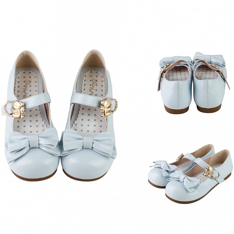 Sky Blue Bow at Top Sweet Lolita Flats with Hugging Bear Heart Buckles