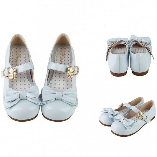 Sky Blue Bow at Top Sweet Lolita Flats with Hugging Bear Heart Buckles