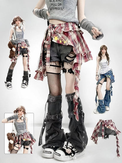 Y2K Bittersweet Black Distressed Holes Design Shorts + Leg Warmers + Red Plaid Accessory