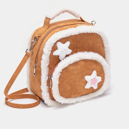 Chic 2-Way Small-Sized Brown Backpack With Plush Trim And Fuzzy Star Accents