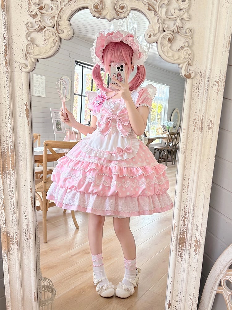 White Polka Dots Pink Square Neckline Lolita Short Sleeves Dress with Apron