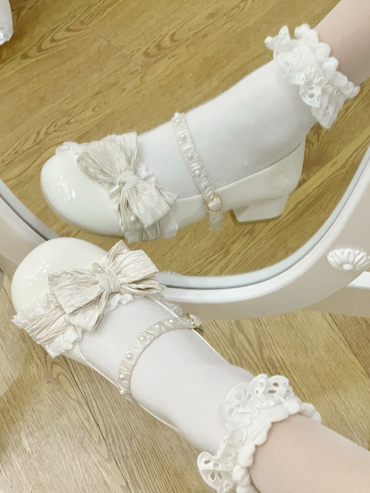 White Beaded Decorated Bow at Top 2.5CM/5CM Block Heels Round Toe Shoes