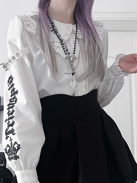 White Emo Punk Peter Pan Collar Letter Print Buckle Details Blouse