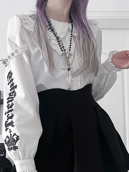 White Emo Punk Peter Pan Collar Letter Print Buckle Details Blouse