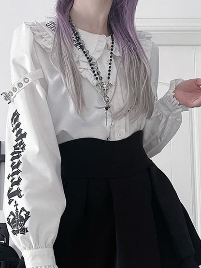 White Emo Punk Peter Pan Collar Letter Print Buckle Details Blouse