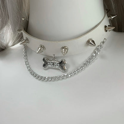 Black/White/Pink/Blue Bone Pendant Studded PU Choker with Chain