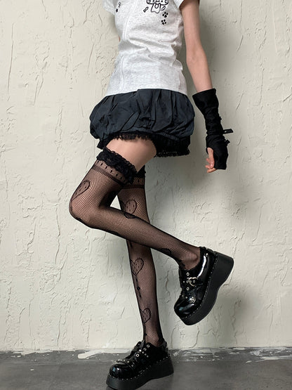 Black Y2K Heart Pattern Lace Trim Fishnet Design Overknee Stockings