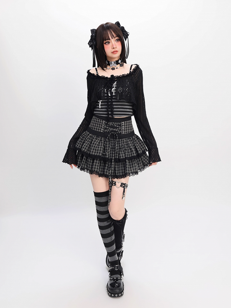 Y2K Black Striped Cami Top with Self-tie Cropped Coverup Set