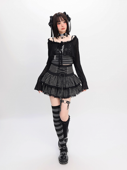 Y2K Black Striped Cami Top with Self-tie Cropped Coverup Set