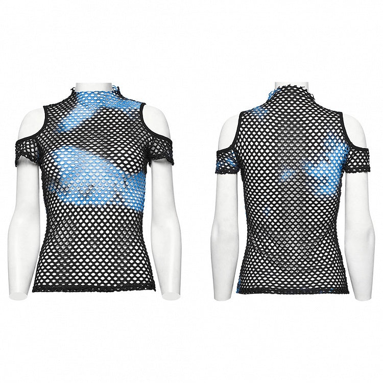Black and Blue Punk Tie-dyed Mesh Short Sleeve T-shirt