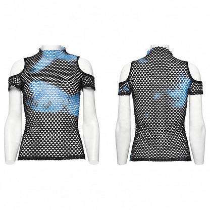Black and Blue Punk Tie-dyed Mesh Short Sleeve T-shirt
