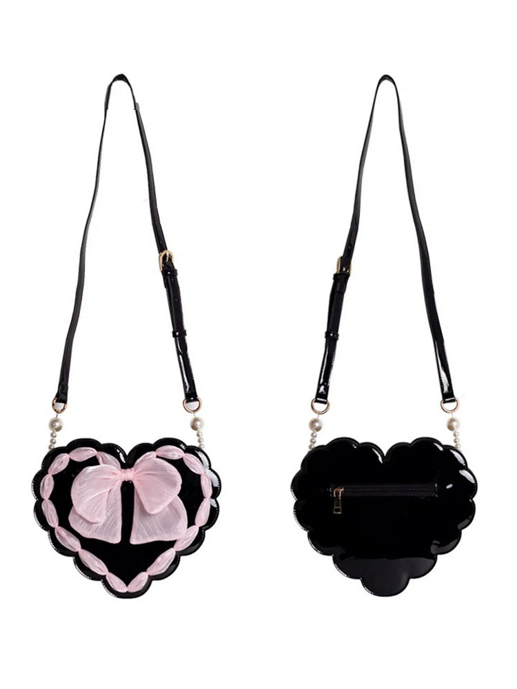 Lolita Heart-Shaped Pearl Handle Bag with Bow Detail & Adjustable Strap Two Colors Available