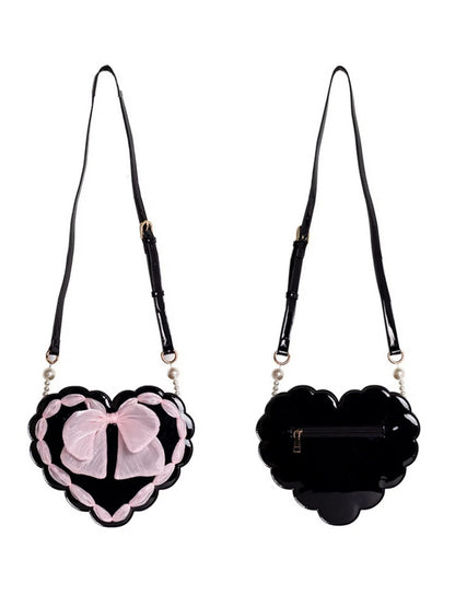 Lolita Heart-Shaped Pearl Handle Bag with Bow Detail & Adjustable Strap Two Colors Available