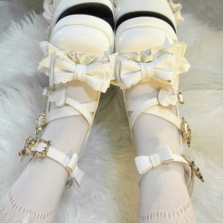White Bear Buckle Straps Bowknot High Block Heels with Bear Embroidery