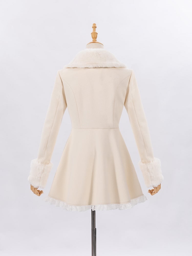 Creamy Jirai Kei Butterfly Buckles Closure Coat with Detachable Plush Collar and Cuffs