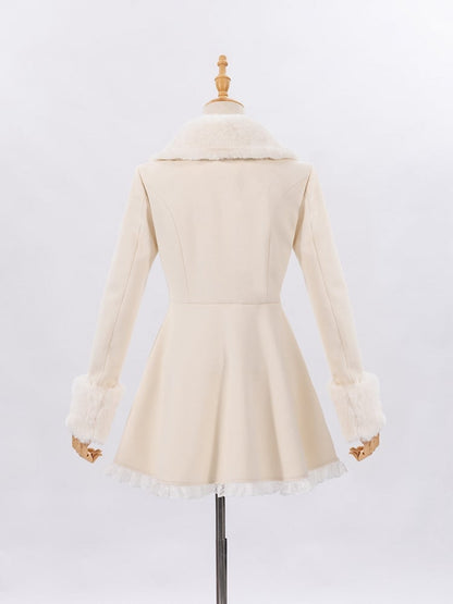 Creamy Jirai Kei Butterfly Buckles Closure Coat with Detachable Plush Collar and Cuffs