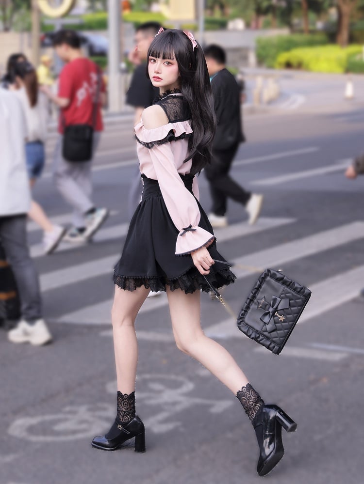 Jirai Kei Open Shoulders Long Sleeves Black and Pink Blouse