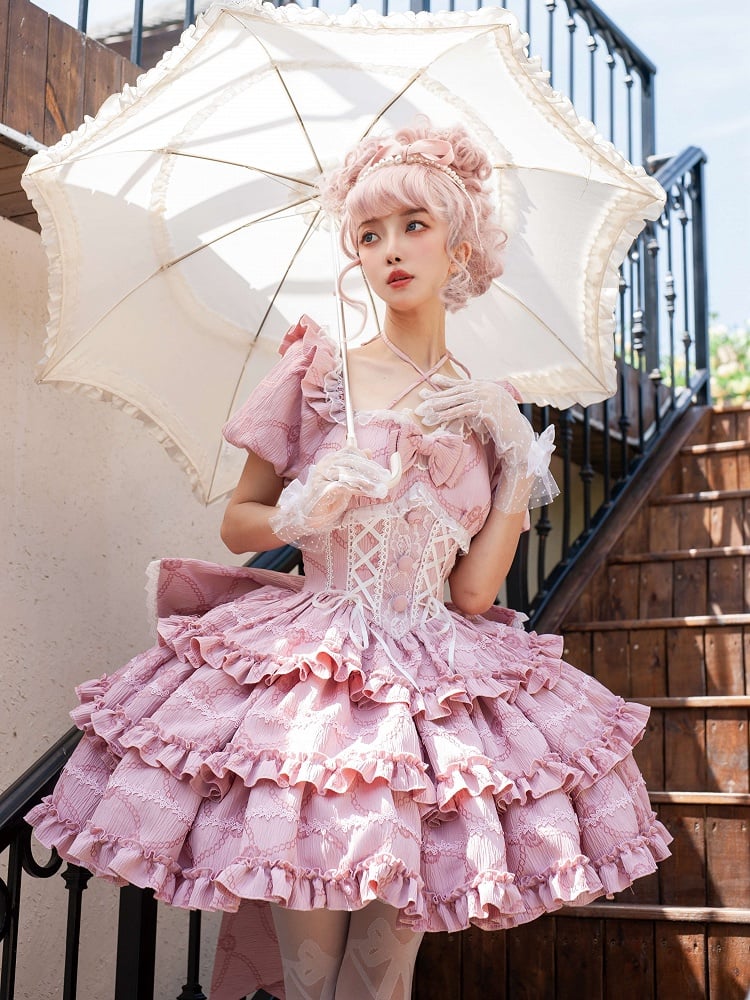 Pink Princess Corset Waist Dress Ruffle Skirt Lolita OP with Big Bow at Back
