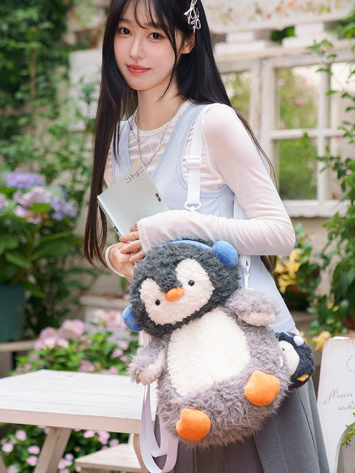 Gray Cute Plush Penguin Backpack