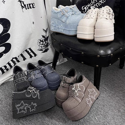 Gyaru Fashion Distressed Stars Black Denim Platforms