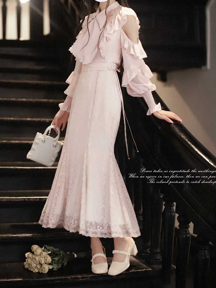 Elegant Jirai Kei Sakura Pink Blouse with Flounce Cutout Shoulders Clean & Pure Aesthetic