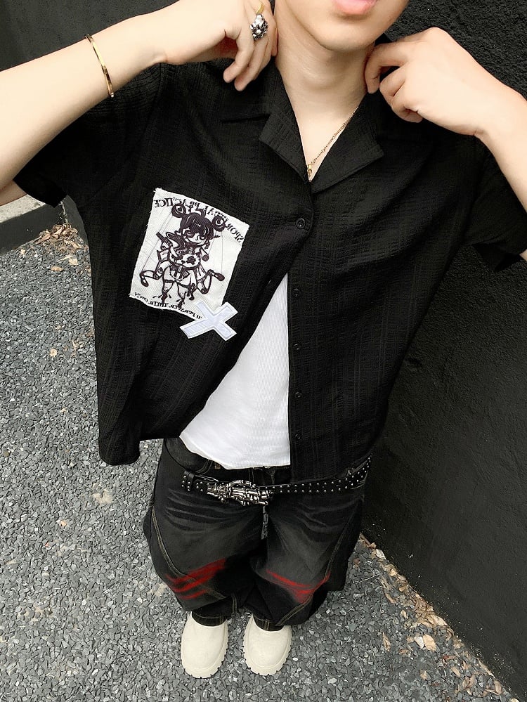 Punk Applique Black/White Notched Collar Short Sleeves Shirt