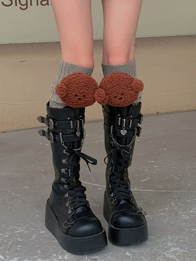 White/Khaki/Light Grey/Coffee Knitted Leg Warmers With Puppy Plushie