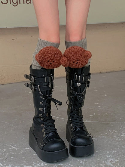 White/Khaki/Light Grey/Coffee Knitted Leg Warmers With Puppy Plushie