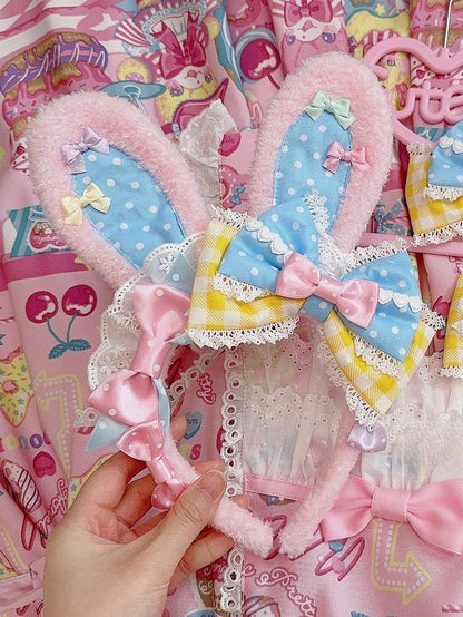 3 Color Options Polka-dot And Plaid Pattern Bowknot Details Plush Bunny Ear KC
