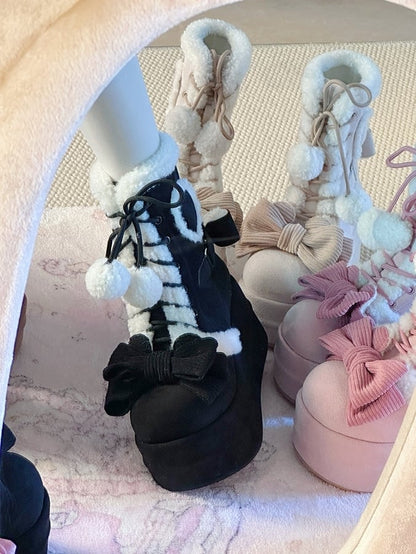 Heart Decor, Lace-up Closure & Bowknot Details Black 8.5cm Platform Boots in Sweet Lolita