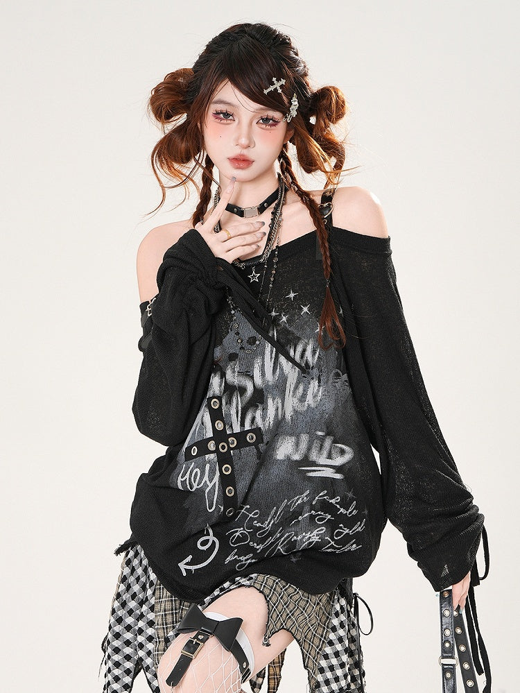 Off-the-shoulder Neckline Criss-cross Design Drawstring Sleeves Black Loose Coverup