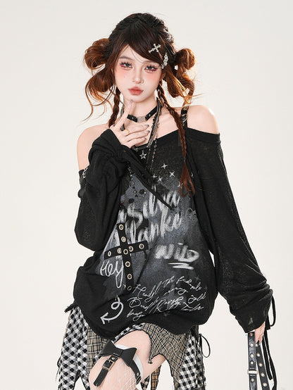 Off-the-shoulder Neckline Criss-cross Design Drawstring Sleeves Black Loose Coverup