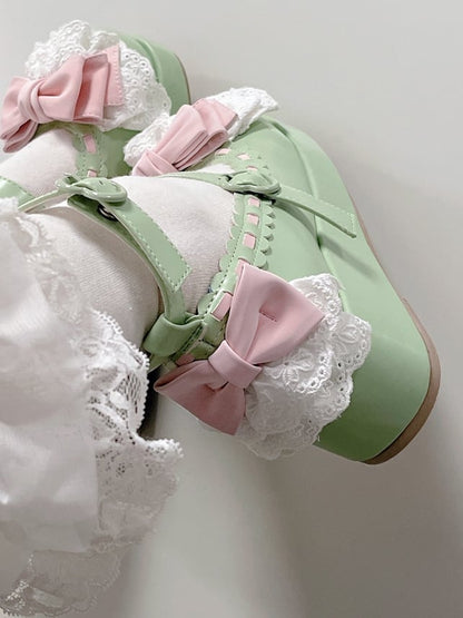Apple Green Bow at Top Lace Trim Heart Buckles Platforms