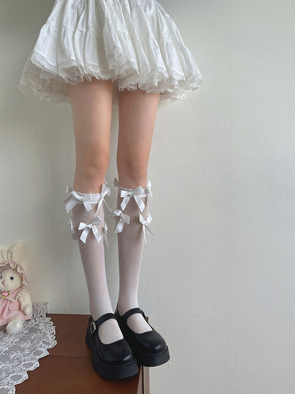 White/Black Bowknot Details Semi-sheer Underknee Stockings