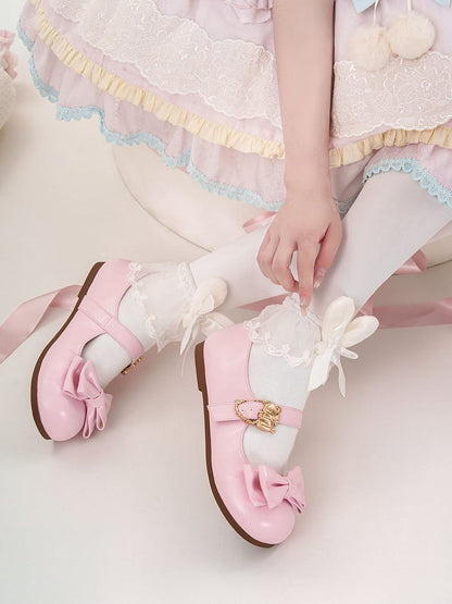 Pink Bow at Top Sweet Lolita Flats with Hugging Bear Heart Buckles